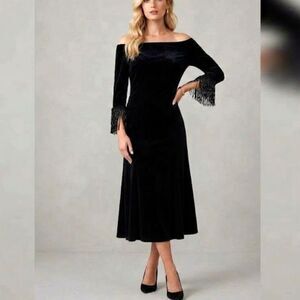 Vintage JBS Black Off Shoulder Midi Dress Med Fringe Cuff Whimsigoth Minimalist